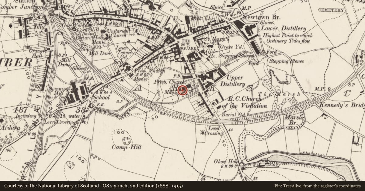 Ordnance Survey six-inch map, 2nd edition (1888–1915) covering the location of Manse, Town Parks, Ards and North Down, with a pin at the register's coordinates