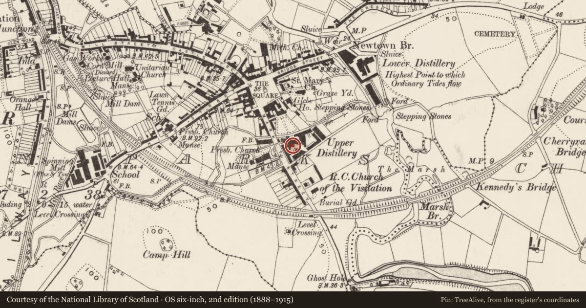 Ordnance Survey six-inch map, 2nd edition (1888–1915) covering the location of Cook Industrial Estate, Town Parks, Ards and North Down, with a pin at the register's coordinates