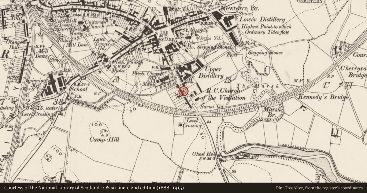 Ordnance Survey six-inch map, 2nd edition (1888–1915) covering the location of 21 Killinchy Street, Town Parks, Ards and North Down, with a pin at the register's coordinates