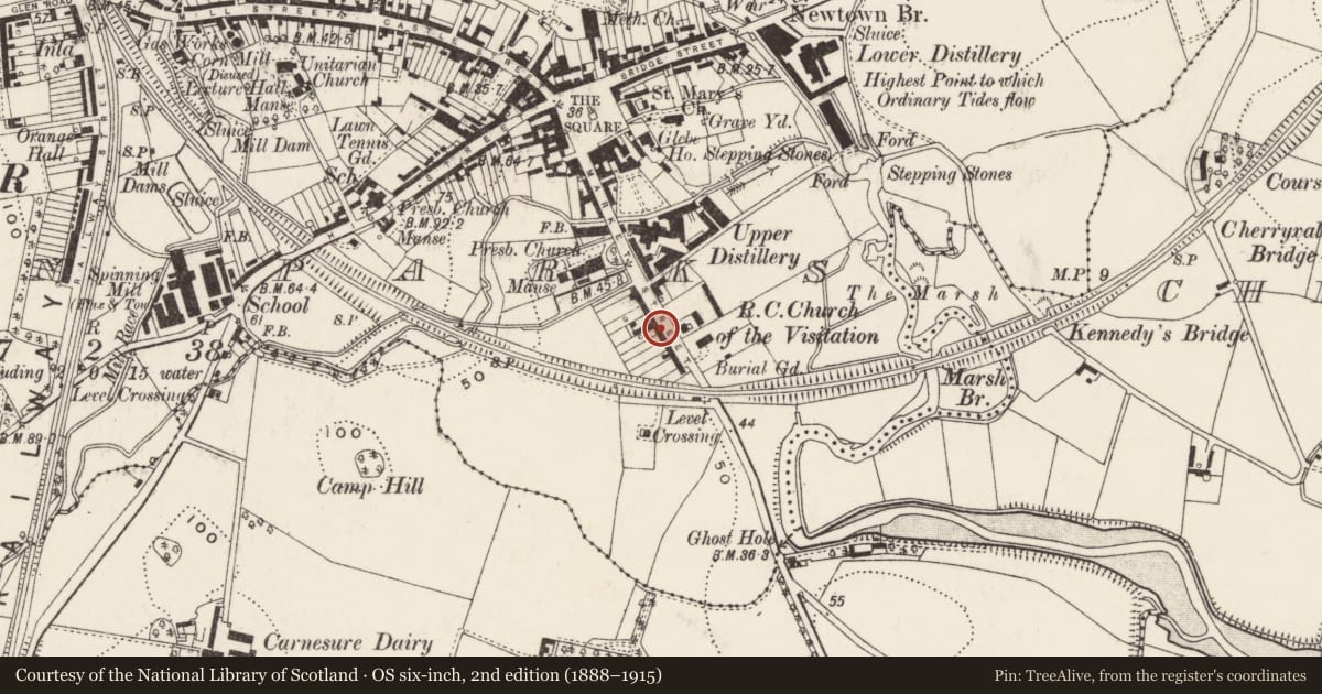 Ordnance Survey six-inch map, 2nd edition (1888–1915) covering the location of 25 Killinchy Street, Town Parks, Ards and North Down, with a pin at the register's coordinates