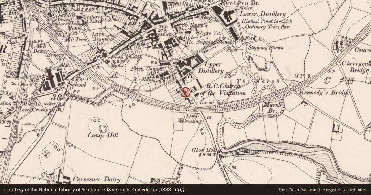 Ordnance Survey six-inch map, 2nd edition (1888–1915) covering the location of 27 Killinchy Street, Town Parks, Ards and North Down, with a pin at the register's coordinates