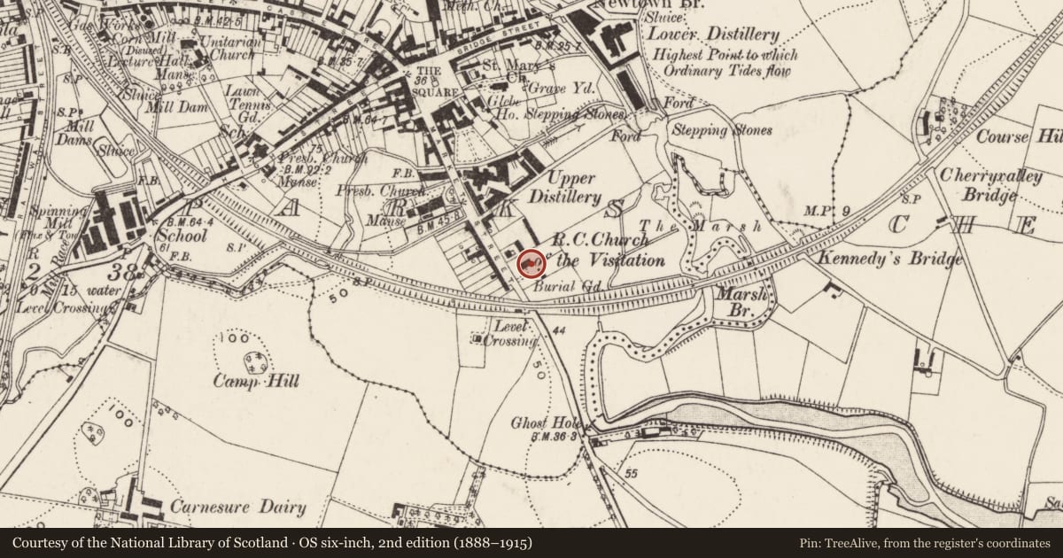 Ordnance Survey six-inch map, 2nd edition (1888–1915) covering the location of RC Church of The Visitation, Town Parks, Ards and North Down, with a pin at the register's coordinates