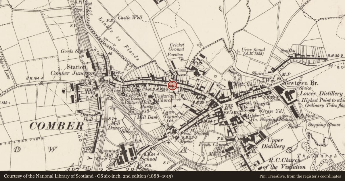 Ordnance Survey six-inch map, 2nd edition (1888–1915) covering the location of 4-14 Mill Street, Comber, Ards and North Down, with a pin at the register's coordinates