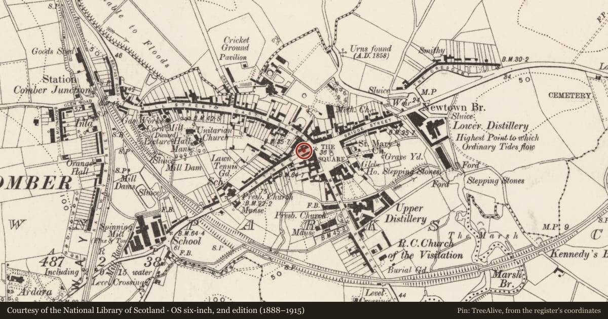 Ordnance Survey six-inch map, 2nd edition (1888–1915) covering the location of 5 High Street, Comber, Ards and North Down, with a pin at the register's coordinates