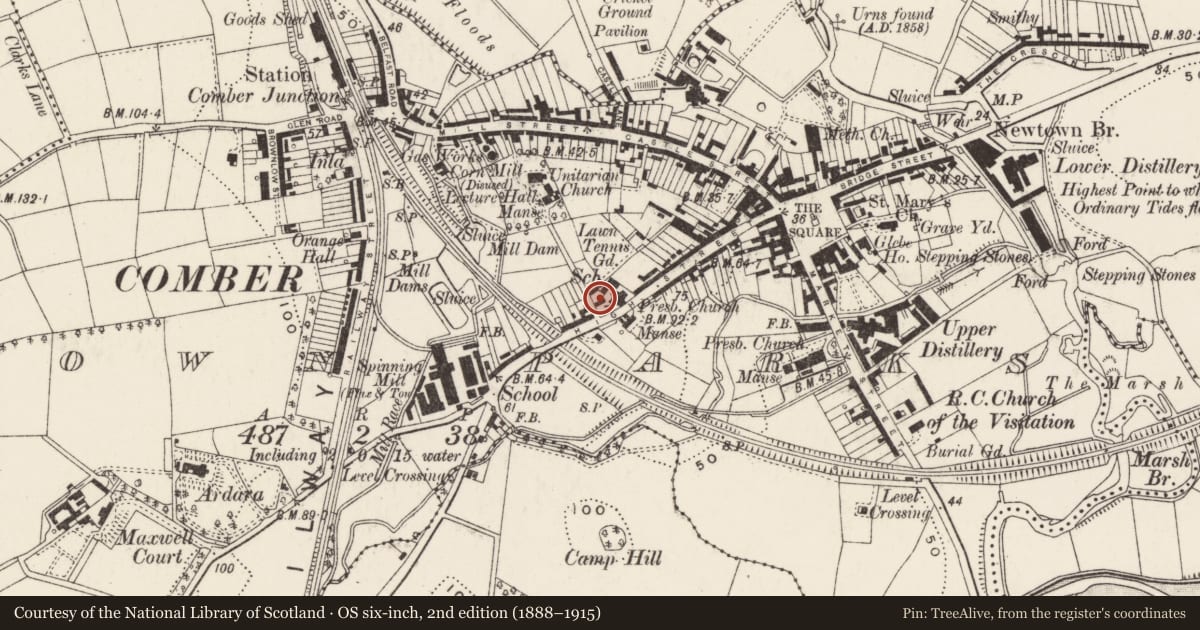 Ordnance Survey six-inch map, 2nd edition (1888–1915) covering the location of First Comber Presbyterian Church hall, Town Parks, Ards and North Down, with a pin at the register's coordinates