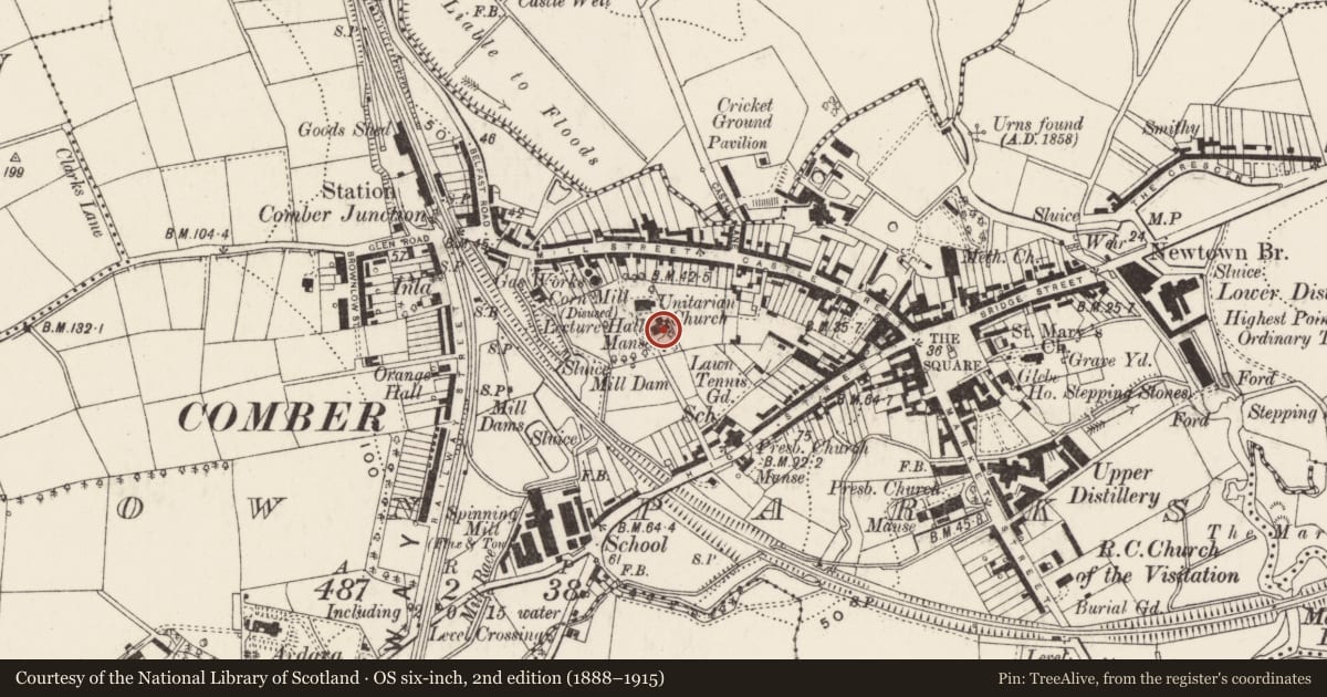 Ordnance Survey six-inch map, 2nd edition (1888–1915) covering the location of Manse, Town Parks, Ards and North Down, with a pin at the register's coordinates