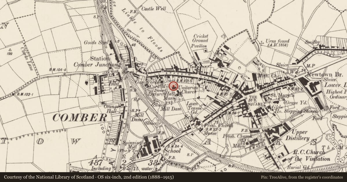 Ordnance Survey six-inch map, 2nd edition (1888–1915) covering the location of Gates, Town Parks, Ards and North Down, with a pin at the register's coordinates