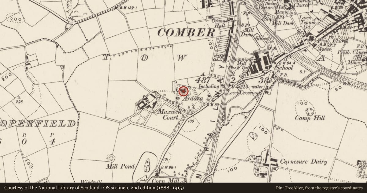 Ordnance Survey six-inch map, 2nd edition (1888–1915) covering the location of Ardara House, Comber, Ards and North Down, with a pin at the register's coordinates