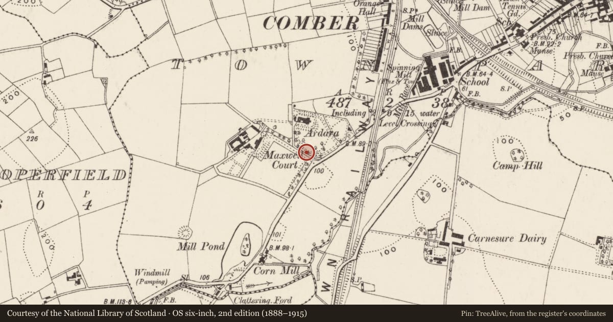 Ordnance Survey six-inch map, 2nd edition (1888–1915) covering the location of Gates at Ardara House, Comber, Ards and North Down, with a pin at the register's coordinates