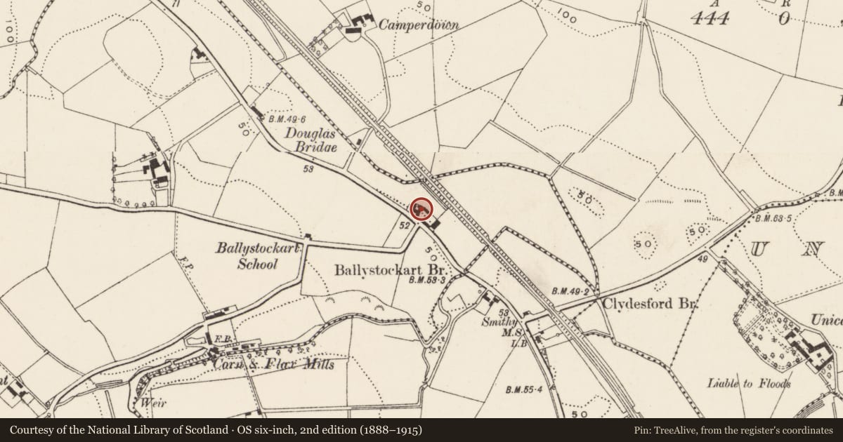 Ordnance Survey six-inch map, 2nd edition (1888–1915) covering the location of Riverside Farm, Ballystockart, Ards and North Down, with a pin at the register's coordinates