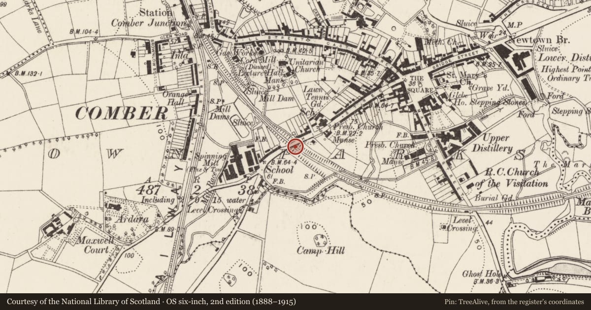 Ordnance Survey six-inch map, 2nd edition (1888–1915) covering the location of Railway Bridge, Carnasure, Ards and North Down, with a pin at the register's coordinates