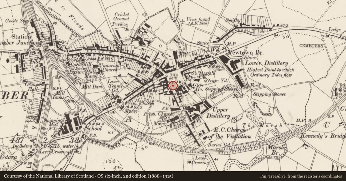 Ordnance Survey six-inch map, 2nd edition (1888–1915) covering the location of Cobbled Footpath, Town Parks, Ards and North Down, with a pin at the register's coordinates