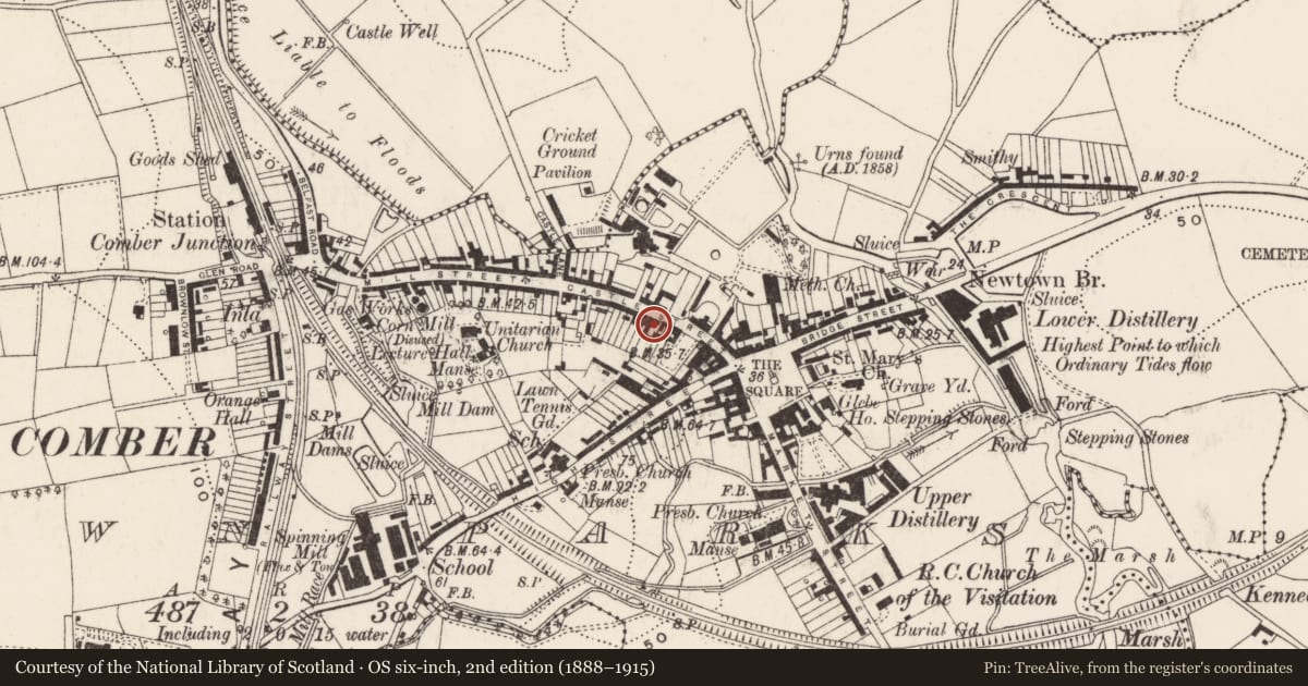 Ordnance Survey six-inch map, 2nd edition (1888–1915) covering the location of 32-32A Castle Street, Town Parks, Ards and North Down, with a pin at the register's coordinates