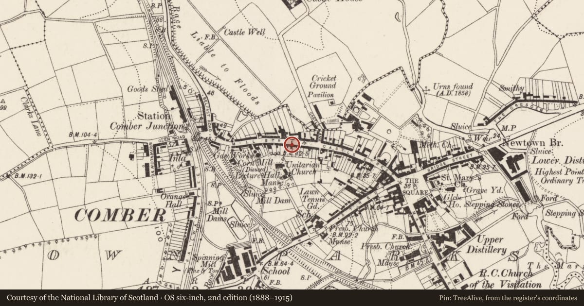 Ordnance Survey six-inch map, 2nd edition (1888–1915) covering the location of 36-40 Mill Street, Town Parks, Ards and North Down, with a pin at the register's coordinates