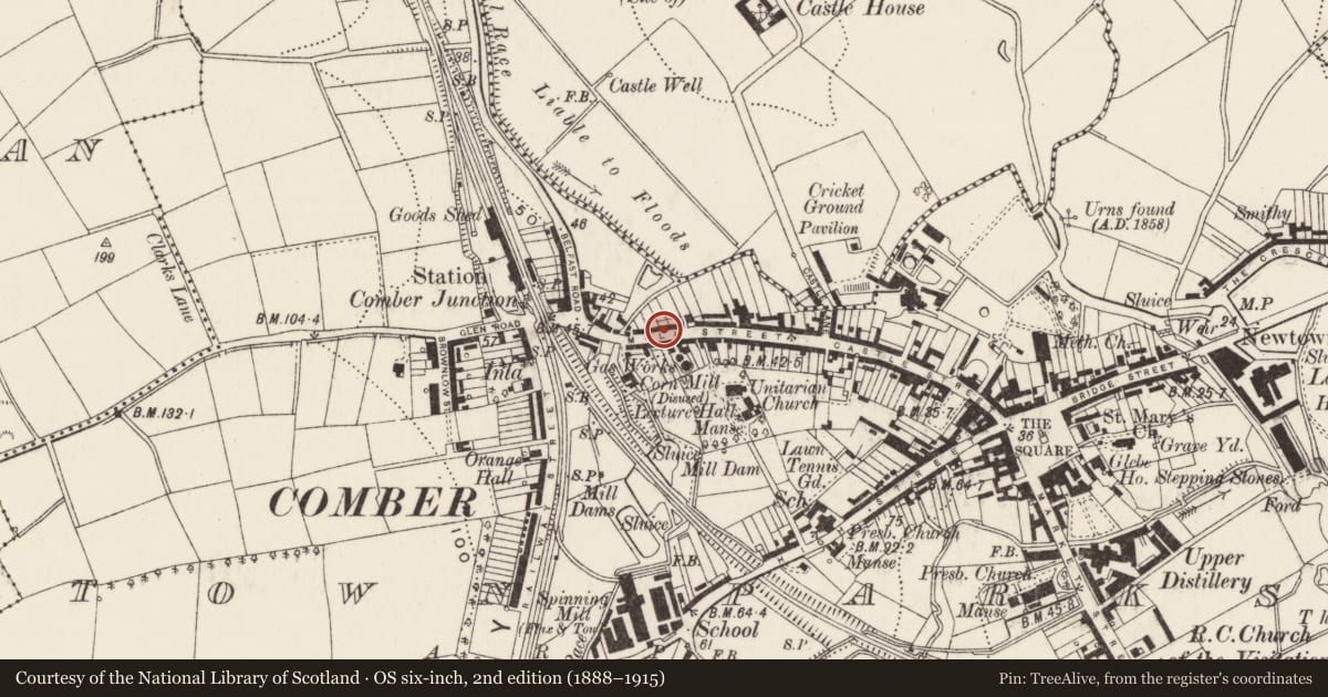 Ordnance Survey six-inch map, 2nd edition (1888–1915) covering the location of 57-79 Mill Street, Town Parks, Ards and North Down, with a pin at the register's coordinates