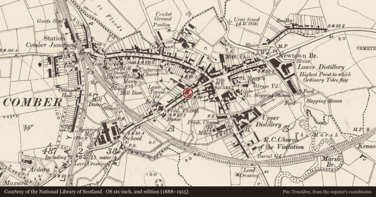 Ordnance Survey six-inch map, 2nd edition (1888–1915) covering the location of 21-25 High Street, Town Parks, Ards and North Down, with a pin at the register's coordinates