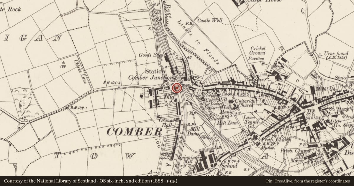 Ordnance Survey six-inch map, 2nd edition (1888–1915) covering the location of 1-5 Railway Street, Comber, Ards and North Down, with a pin at the register's coordinates