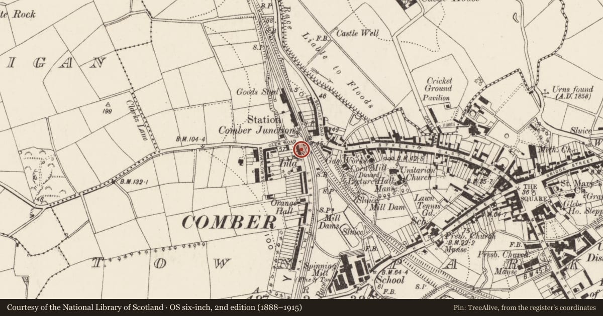 Ordnance Survey six-inch map, 2nd edition (1888–1915) covering the location of 7 Railway Street, Comber, Ards and North Down, with a pin at the register's coordinates
