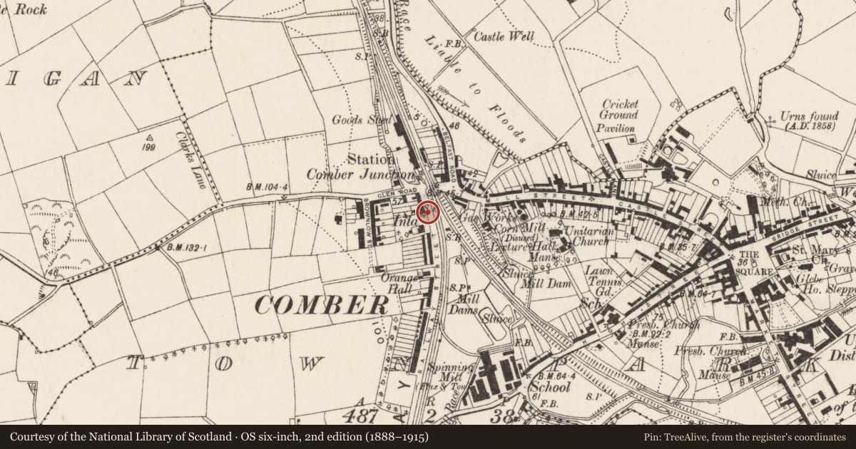 Ordnance Survey six-inch map, 2nd edition (1888–1915) covering the location of 13-15 Railway Street, Comber, Ards and North Down, with a pin at the register's coordinates