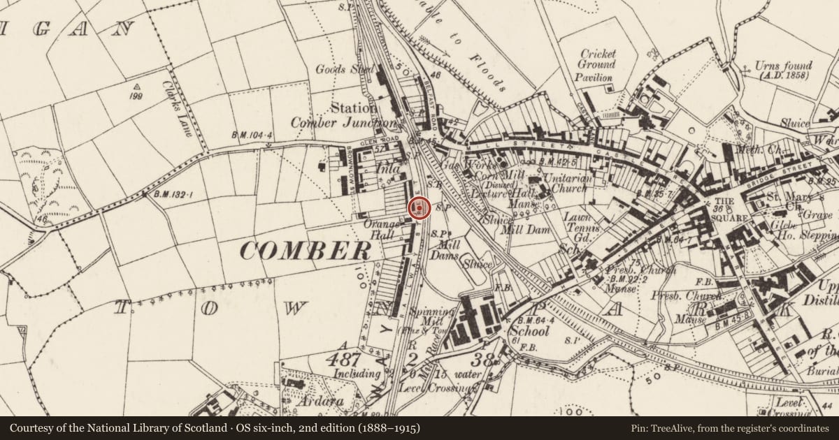 Ordnance Survey six-inch map, 2nd edition (1888–1915) covering the location of 21-45 Railway Street, Comber, Ards and North Down, with a pin at the register's coordinates