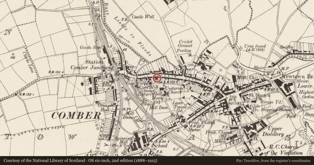 Ordnance Survey six-inch map, 2nd edition (1888–1915) covering the location of 58-60 Mill Street, Town Parks, Ards and North Down, with a pin at the register's coordinates