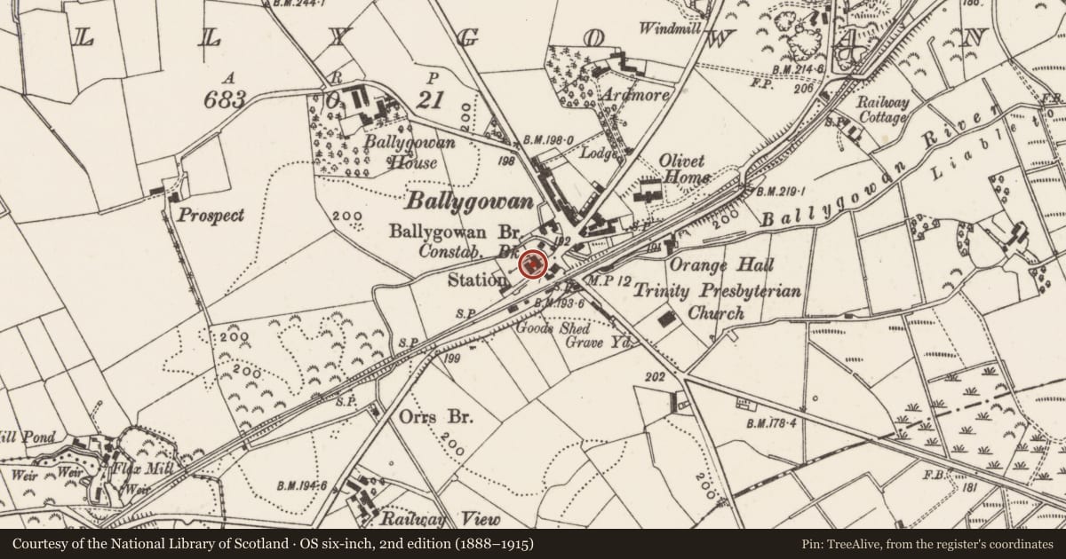 Ordnance Survey six-inch map, 2nd edition (1888–1915) covering the location of Ravenbank, Ballygowan, Ards and North Down, with a pin at the register's coordinates