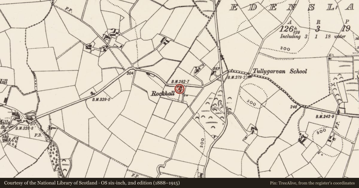 Ordnance Survey six-inch map, 2nd edition (1888–1915) covering the location of Rockhall, Tullygarvan, Ards and North Down, with a pin at the register's coordinates