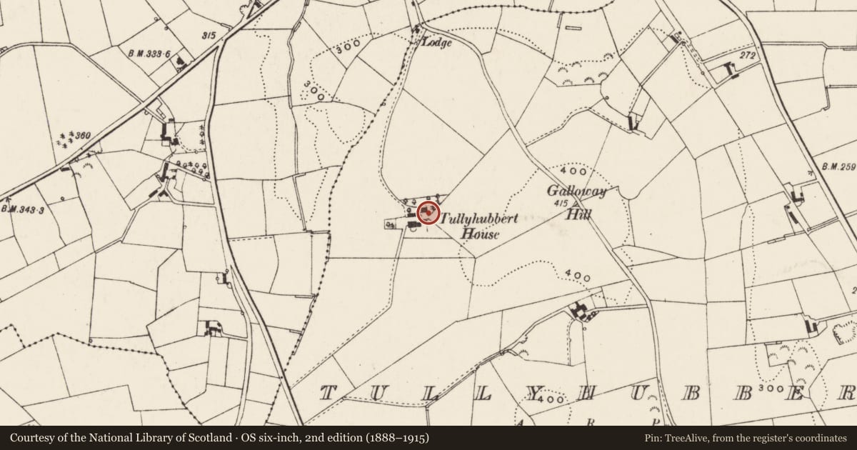 Ordnance Survey six-inch map, 2nd edition (1888–1915) covering the location of Tullyhubbert House, Ards and North Down, with a pin at the register's coordinates