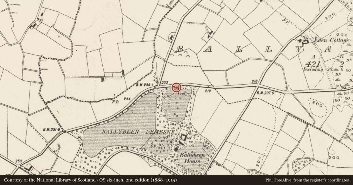 Ordnance Survey six-inch map, 2nd edition (1888–1915) covering the location of Gate screen, Ballybeen, Ards and North Down, with a pin at the register's coordinates
