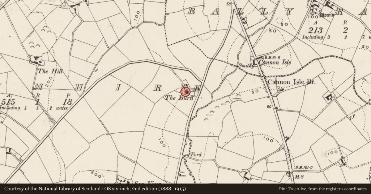 Ordnance Survey six-inch map, 2nd edition (1888–1915) covering the location of ‘The Burn’, Drumhirk, Ards and North Down, with a pin at the register's coordinates