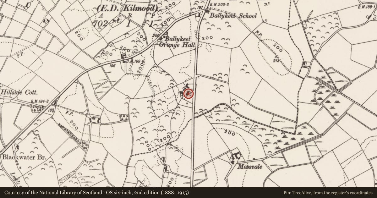 Ordnance Survey six-inch map, 2nd edition (1888–1915) covering the location of 45 Tullynagee Road, Ballykeel, Ards and North Down, with a pin at the register's coordinates