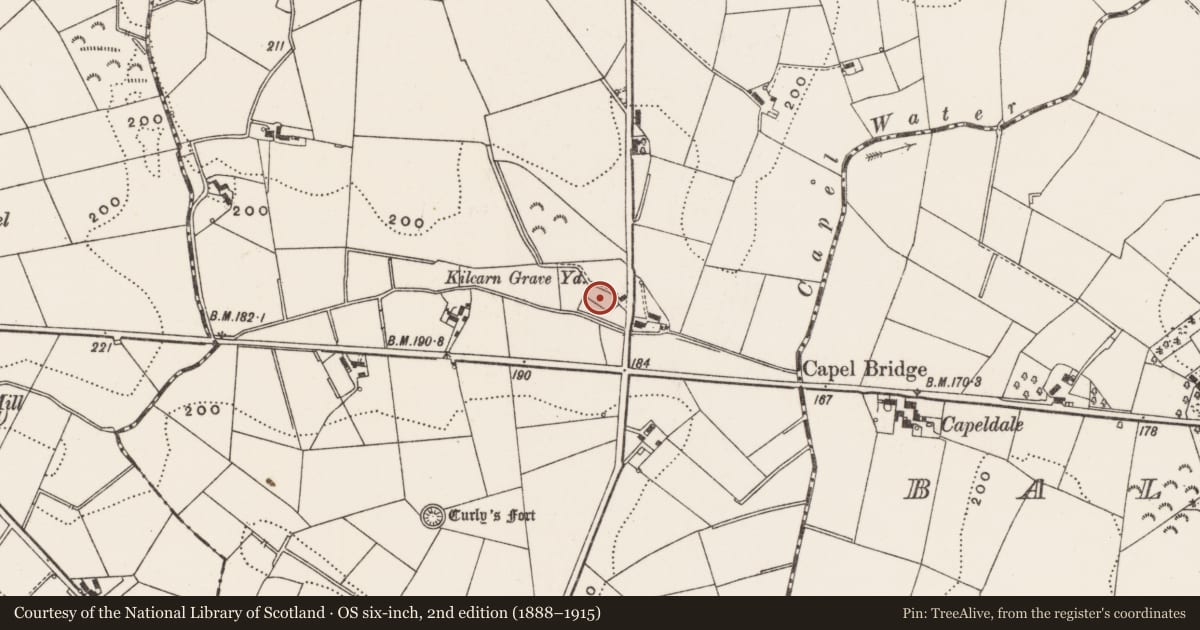 Ordnance Survey six-inch map, 2nd edition (1888–1915) covering the location of Kilcarn cemetery, Ards and North Down, with a pin at the register's coordinates