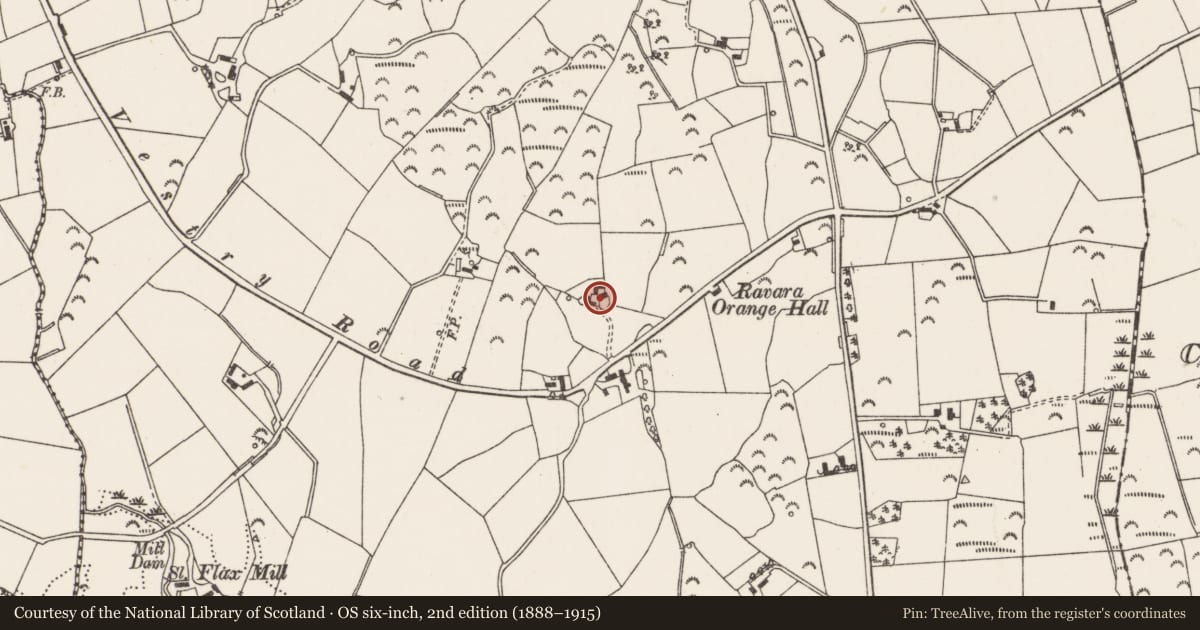 Ordnance Survey six-inch map, 2nd edition (1888–1915) covering the location of 52 Vestry Road, Ravara, Ards and North Down, with a pin at the register's coordinates