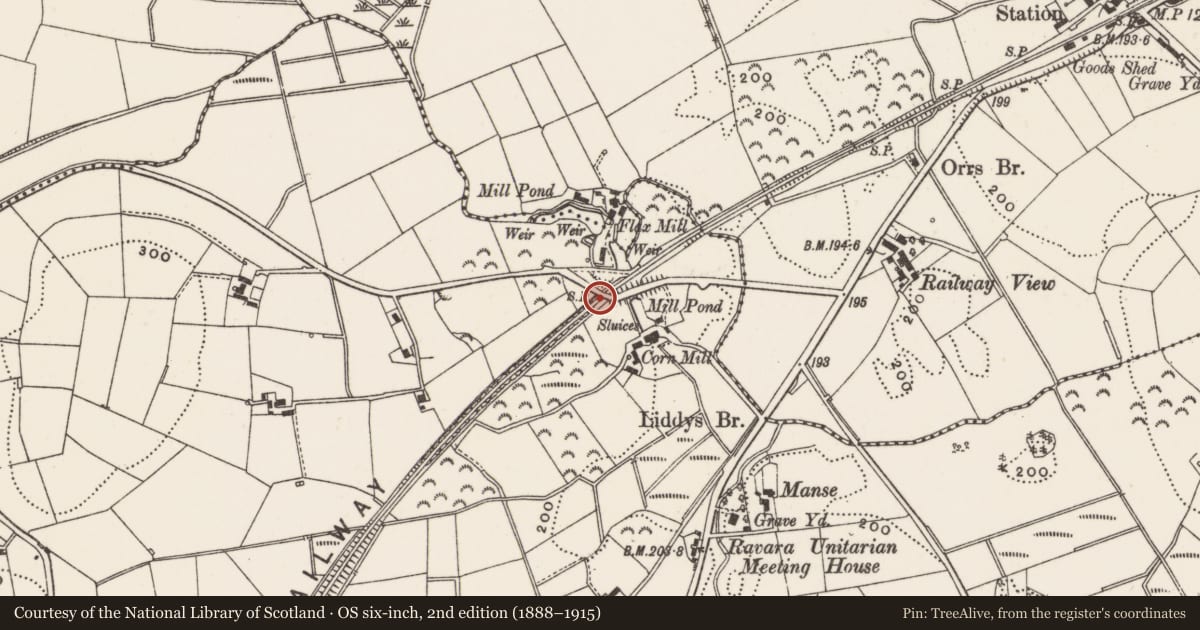Ordnance Survey six-inch map, 2nd edition (1888–1915) covering the location of Bridge, off Ravara Road, Ards and North Down, with a pin at the register's coordinates