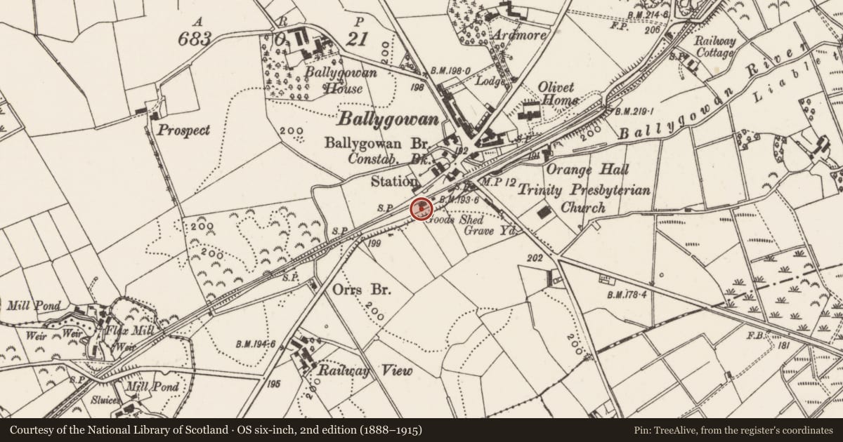 Ordnance Survey six-inch map, 2nd edition (1888–1915) covering the location of Former Railway freight store, Ballygowan, Ards and North Down, with a pin at the register's coordinates