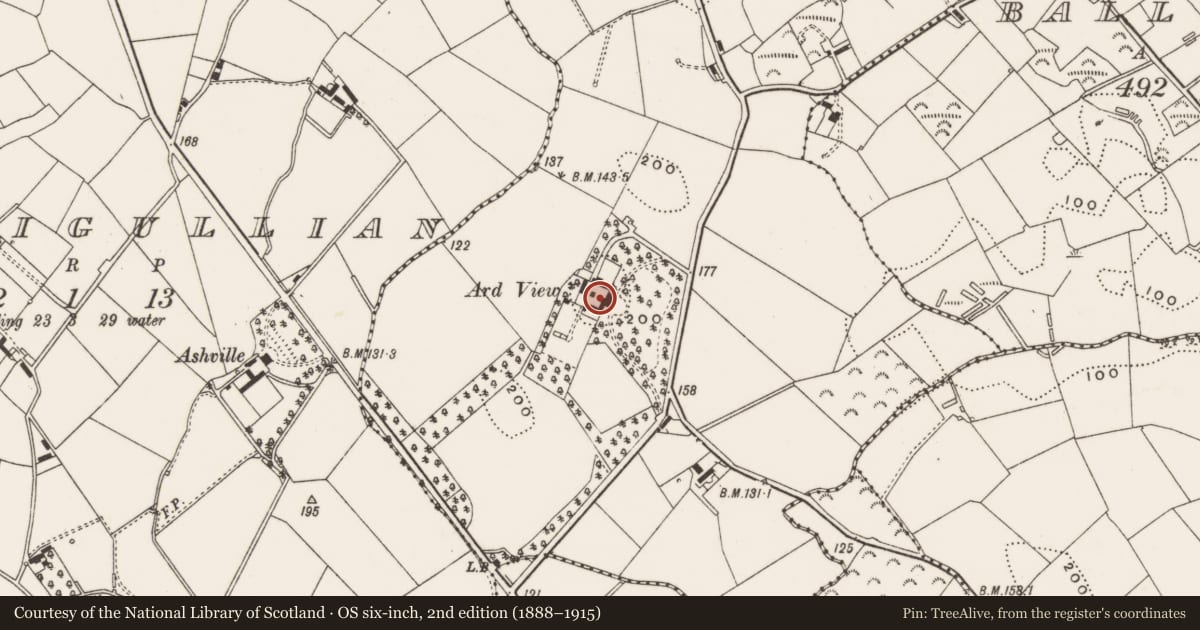 Ordnance Survey six-inch map, 2nd edition (1888–1915) covering the location of Ard View, Killinchy, Ards and North Down, with a pin at the register's coordinates