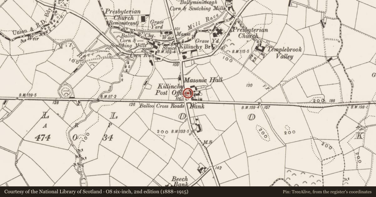 Ordnance Survey six-inch map, 2nd edition (1888–1915) covering the location of 3-5 Comber Road, Balloo, Ards and North Down, with a pin at the register's coordinates