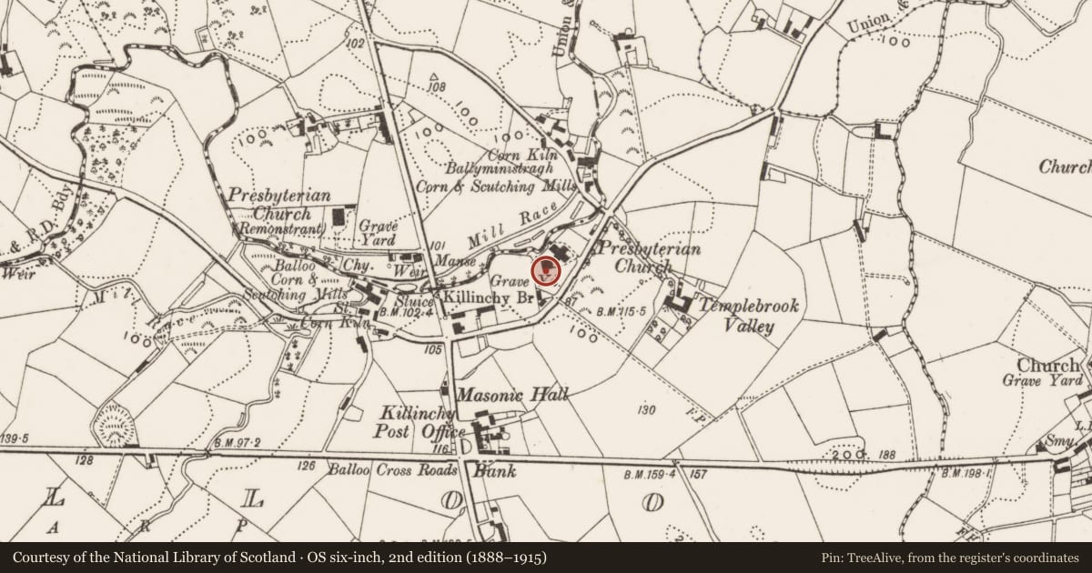 Ordnance Survey six-inch map, 2nd edition (1888–1915) covering the location of Anderson Memorial Hall, Balloo, Ards and North Down, with a pin at the register's coordinates