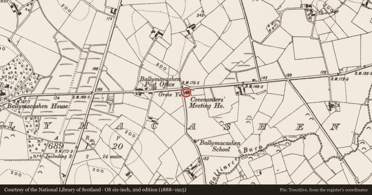 Ordnance Survey six-inch map, 2nd edition (1888–1915) covering the location of Reformed Presbyterian Church, Ballymacashen, Ards and North Down, with a pin at the register's coordinates