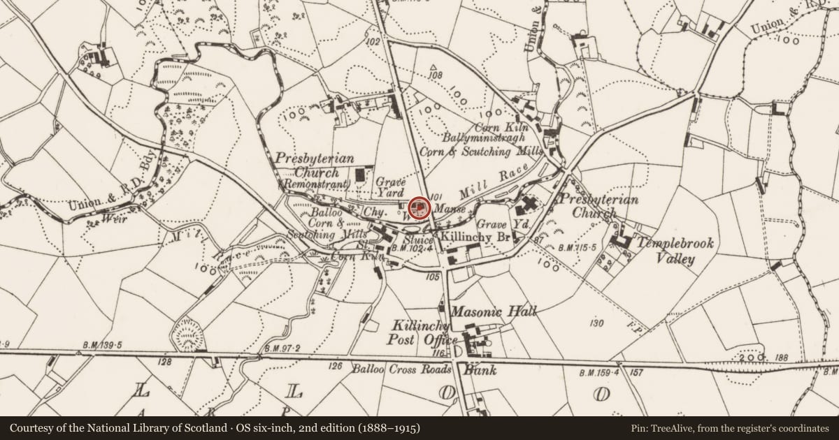 Ordnance Survey six-inch map, 2nd edition (1888–1915) covering the location of 26 Comber Road, Ballyministragh, Ards and North Down, with a pin at the register's coordinates