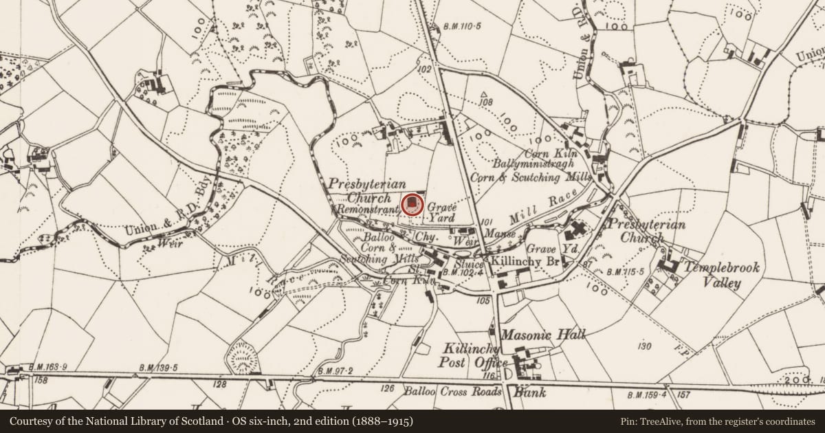 Ordnance Survey six-inch map, 2nd edition (1888–1915) covering the location of Killinchy Non-subcribing Presbyterian Church, Ballyministragh, Ards and North Down, with a pin at the register's coordinates