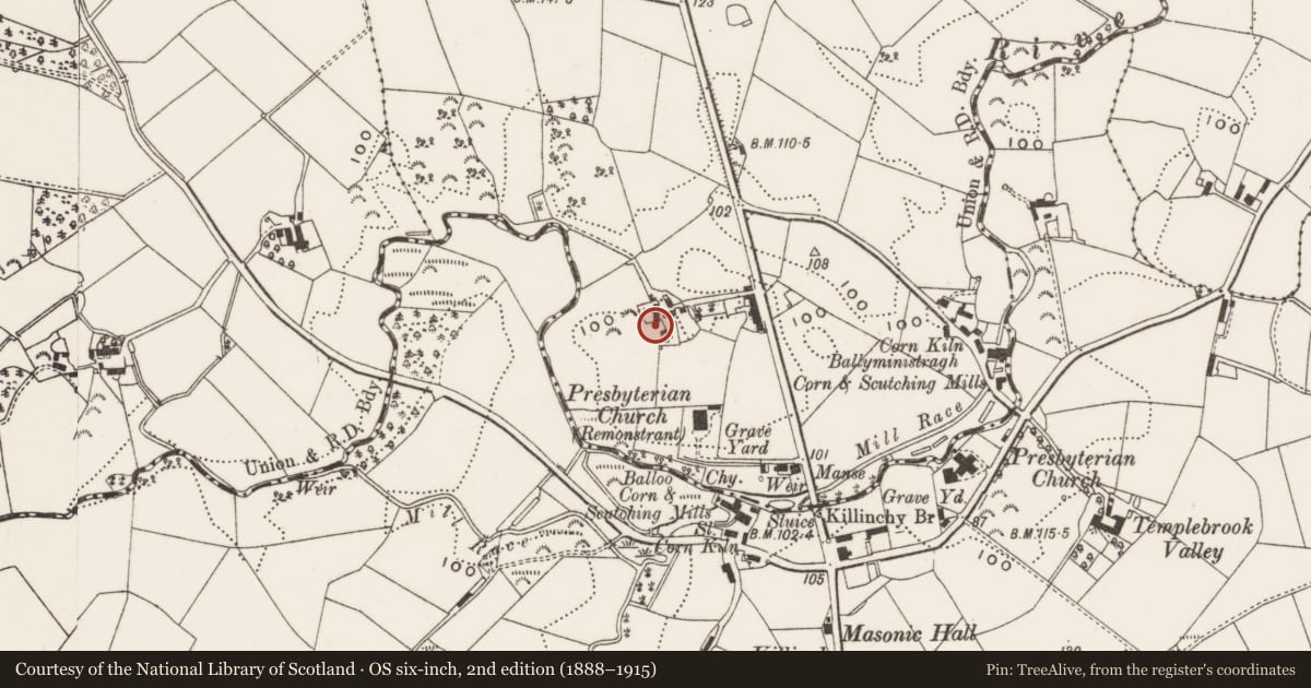 Ordnance Survey six-inch map, 2nd edition (1888–1915) covering the location of The Rocks, Ballyministragh, Ards and North Down, with a pin at the register's coordinates