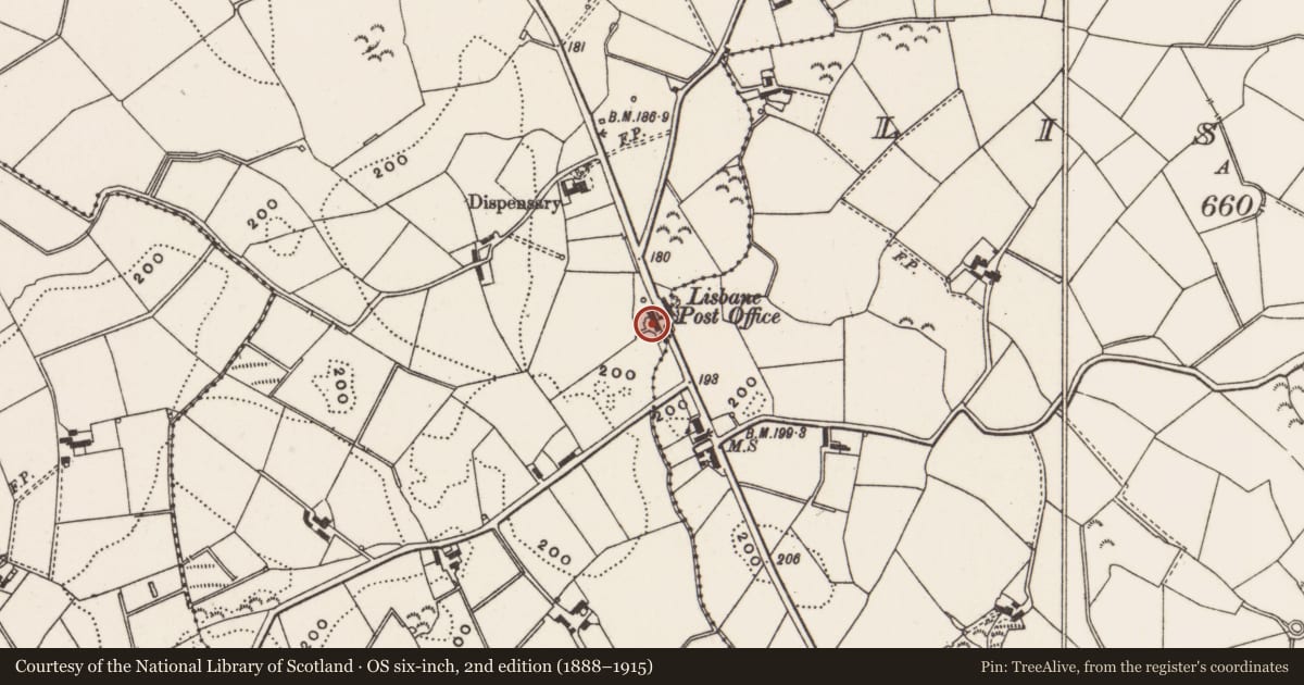 Ordnance Survey six-inch map, 2nd edition (1888–1915) covering the location of ‘Lisbarnett House’ Public House, Ards and North Down, with a pin at the register's coordinates