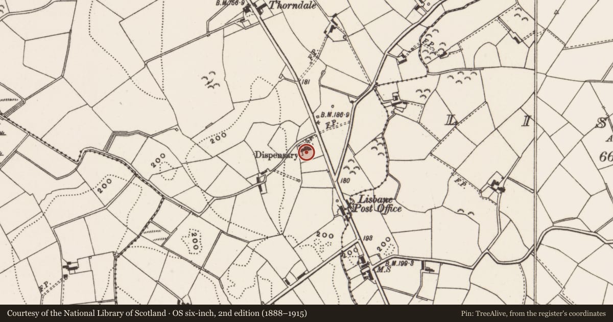 Ordnance Survey six-inch map, 2nd edition (1888–1915) covering the location of Lisbarnet Private Residential Home, Ards and North Down, with a pin at the register's coordinates