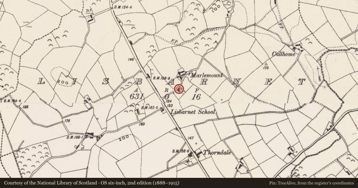 Ordnance Survey six-inch map, 2nd edition (1888–1915) covering the location of 160 Killinchy Road, Lisbarnet, Ards and North Down, with a pin at the register's coordinates