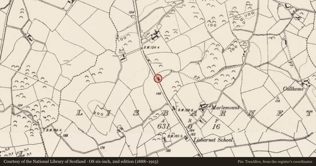 Ordnance Survey six-inch map, 2nd edition (1888–1915) covering the location of 150 Killinchy Road, Lisbane, Ards and North Down, with a pin at the register's coordinates