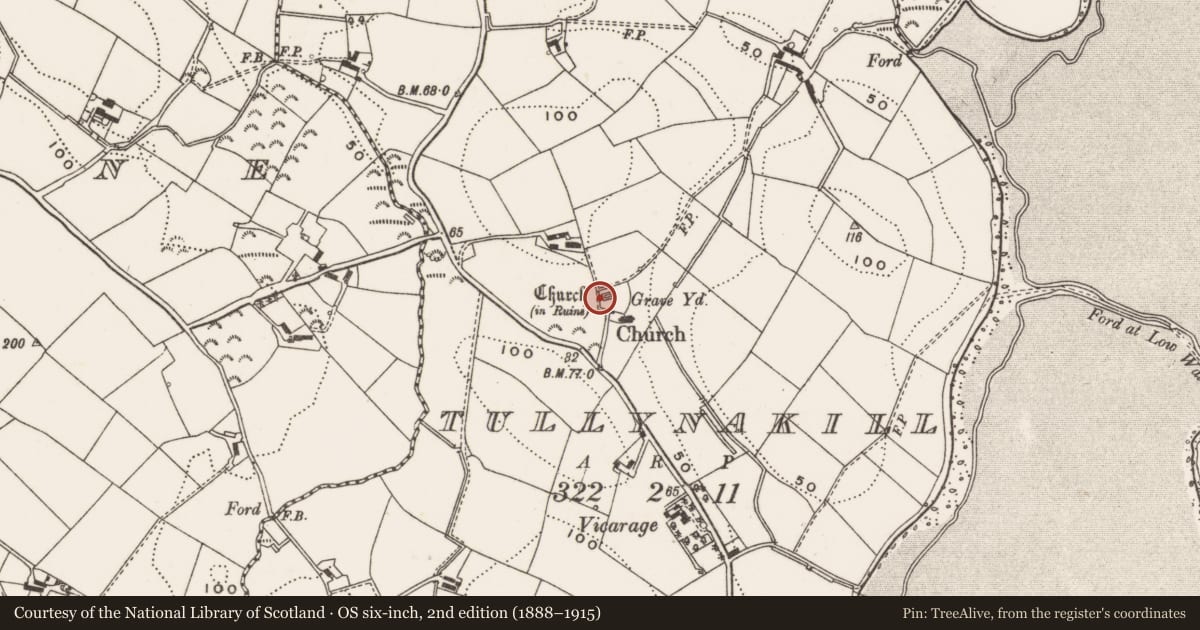 Ordnance Survey six-inch map, 2nd edition (1888–1915) covering the location of Tullynakill Church, Ards and North Down, with a pin at the register's coordinates