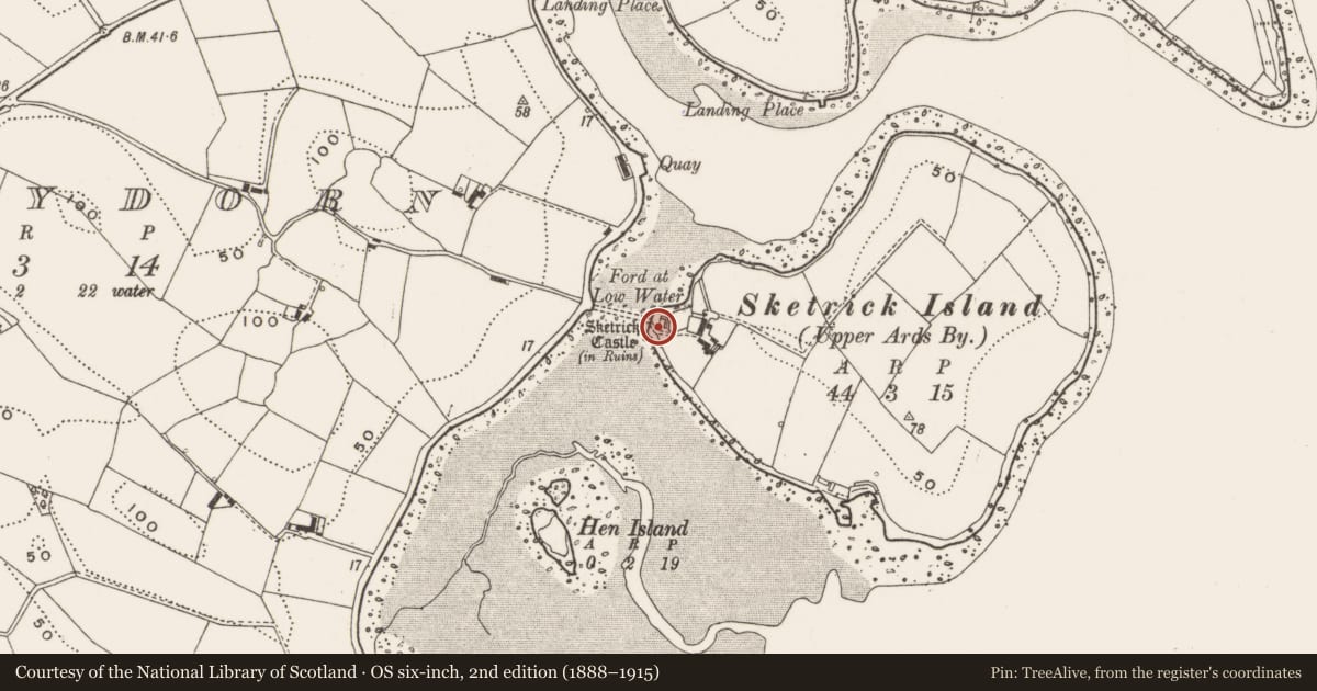 Ordnance Survey six-inch map, 2nd edition (1888–1915) covering the location of Sketrick Castle, Ballydorn, Ards and North Down, with a pin at the register's coordinates