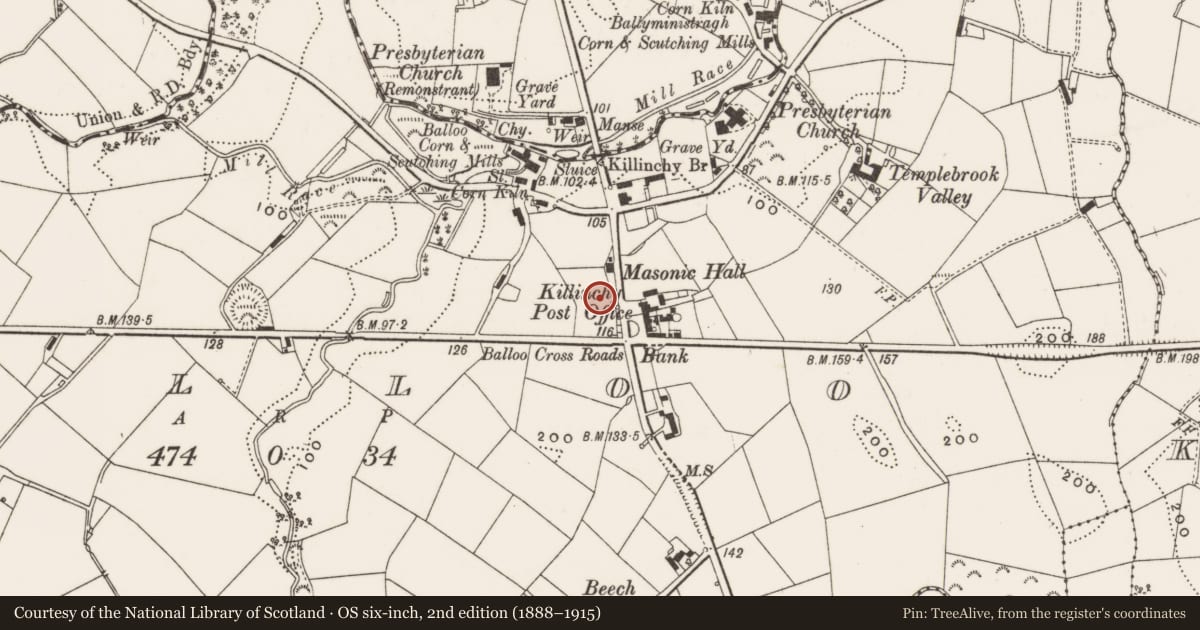 Ordnance Survey six-inch map, 2nd edition (1888–1915) covering the location of Northern Bank, Balloo, Ards and North Down, with a pin at the register's coordinates