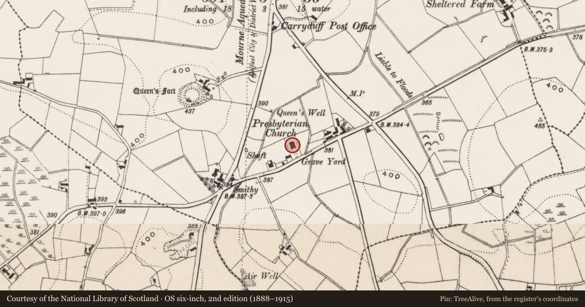 Ordnance Survey six-inch map, 2nd edition (1888–1915) covering the location of Carryduff Presbyterian Church, Lisburn and Castlereagh, with a pin at the register's coordinates
